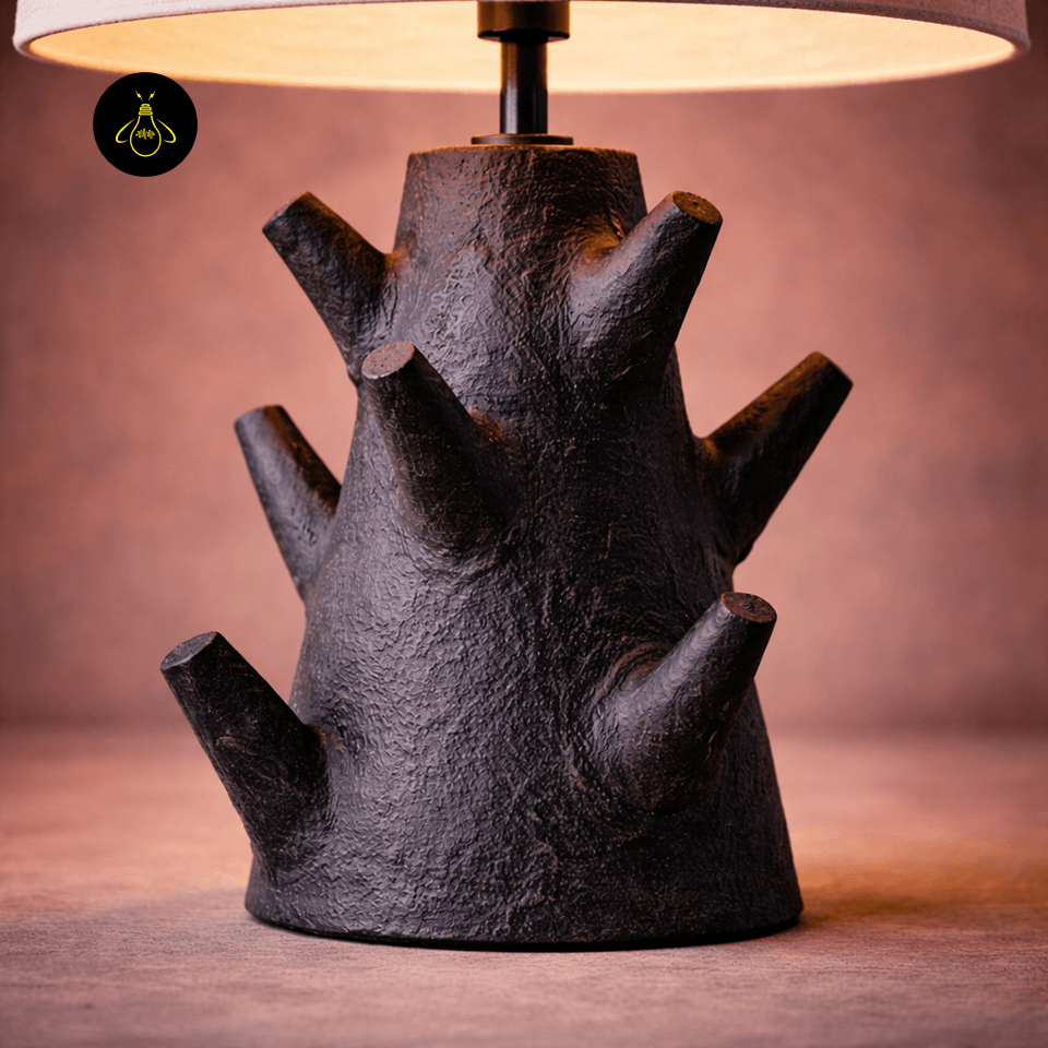 Rustic Table Lamp – Sculptural 59 cm Branch Base | FIR 4 Close-up of rustic table lamp textured charcoal branch base with cut-branch detail
