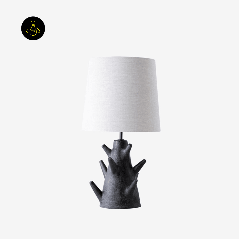 Rustic Table Lamp – Sculptural 59 cm Branch Base | FIR 5 Rustic table lamp full studio view with sculpted charcoal branch base and neutral linen shade
