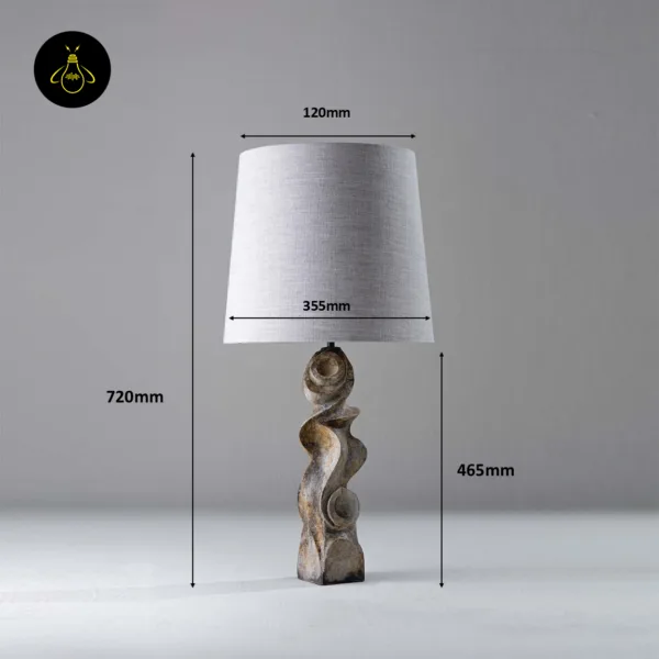 Sculptural table lamp dimensions: 720 mm height, 465 mm carved wood base, 355 mm linen shade width