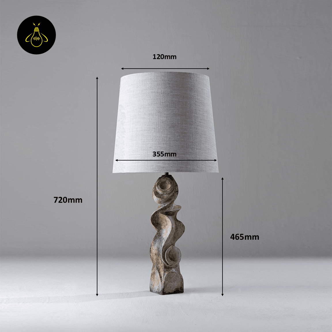 Sculptural Table Lamp – Carved Wood Base with Linen Shade, 72 cm 11 Sculptural table lamp dimensions: 720 mm height, 465 mm carved wood base, 355 mm linen shade width