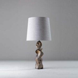 Dorian table lamp in burnt wood finish with tapered fabric shade by Jagmag Lights