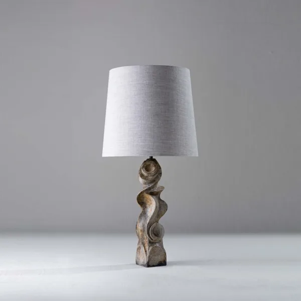 Sculptural table lamp with carved wood base and linen shade, 72 cm, for bedside tables