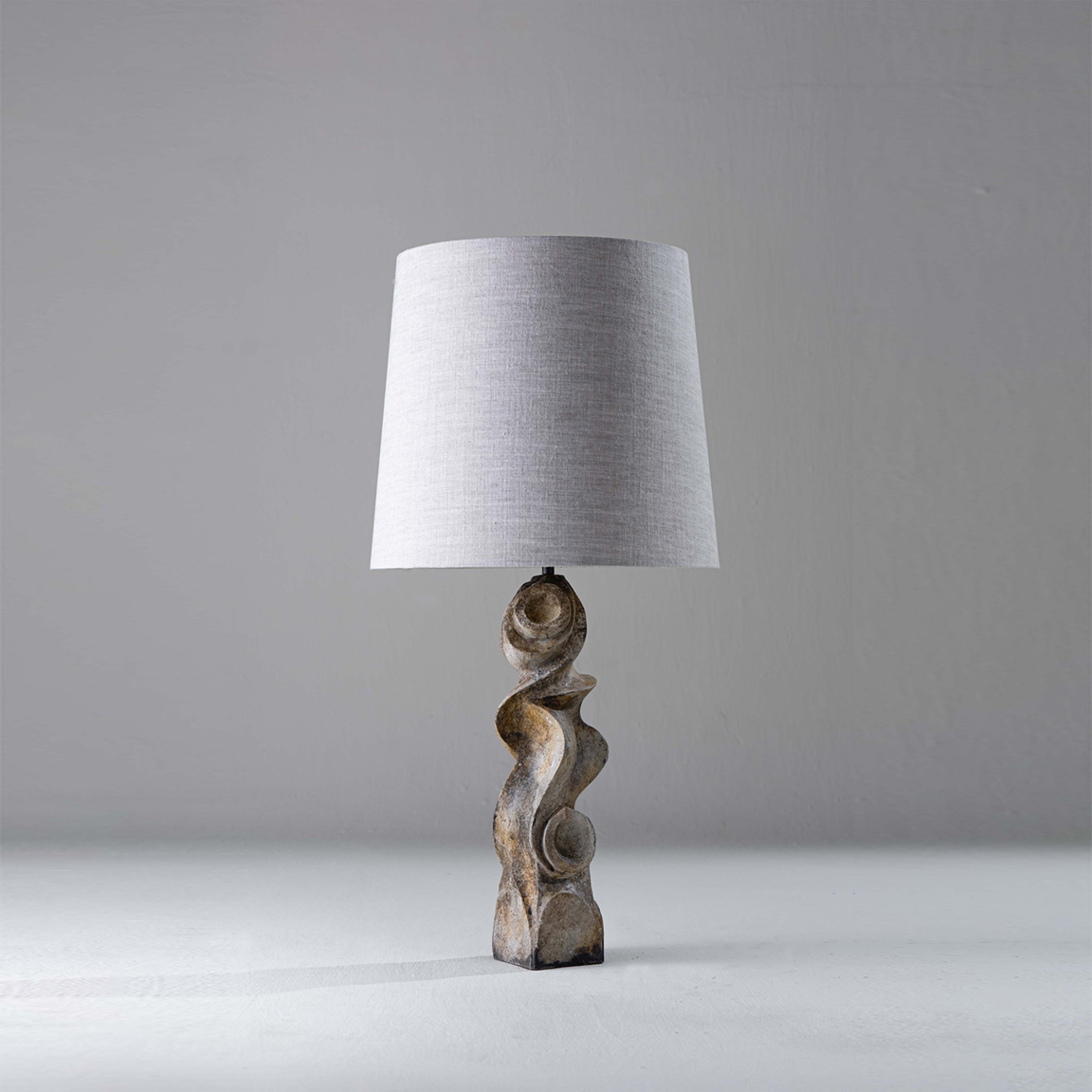 Dorian table lamp in burnt wood finish with tapered fabric shade by Jagmag Lights