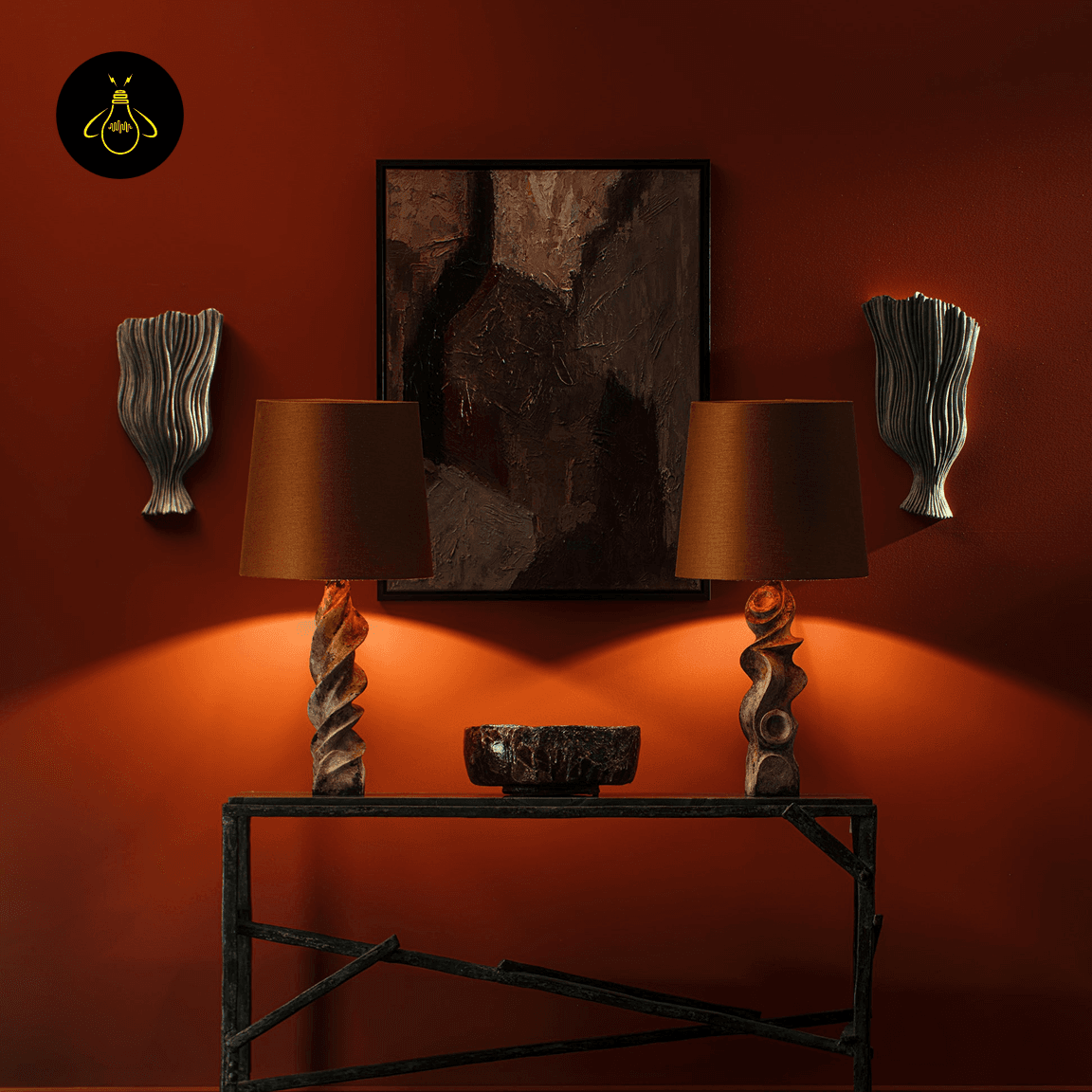 Sculptural Table Lamp – Carved Wood Base with Linen Shade, 72 cm 8 Pair of sculptural carved wood table lamps styled in a warm bedroom interior