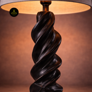 Close-up of Lucian twisted wooden lamp base showing carved spiral detail