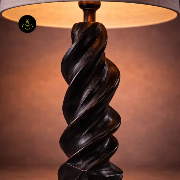 Close-up of spiral wood table lamp barley-twist carved base detail