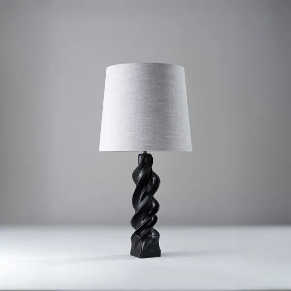 Spiral wood table lamp with barley-twist carved base and linen shade, 72 cm