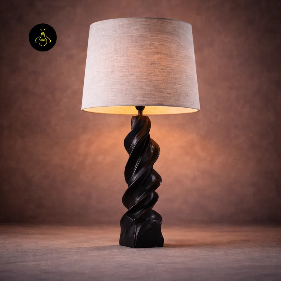 Spiral Wood Table Lamp – Barley-Twist Carved Base, 72 cm 4 Side view of spiral wood table lamp showing sculptural barley-twist column