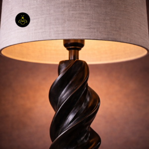 Detail view of Lucian wooden table lamp showing shade and upper spiral base
