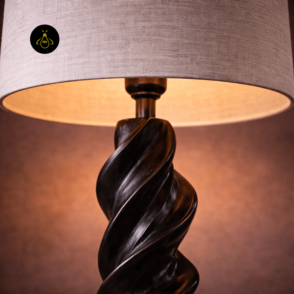 Spiral Wood Table Lamp – Barley-Twist Carved Base, 72 cm 7 Spiral wood table lamp tapered linen shade detail