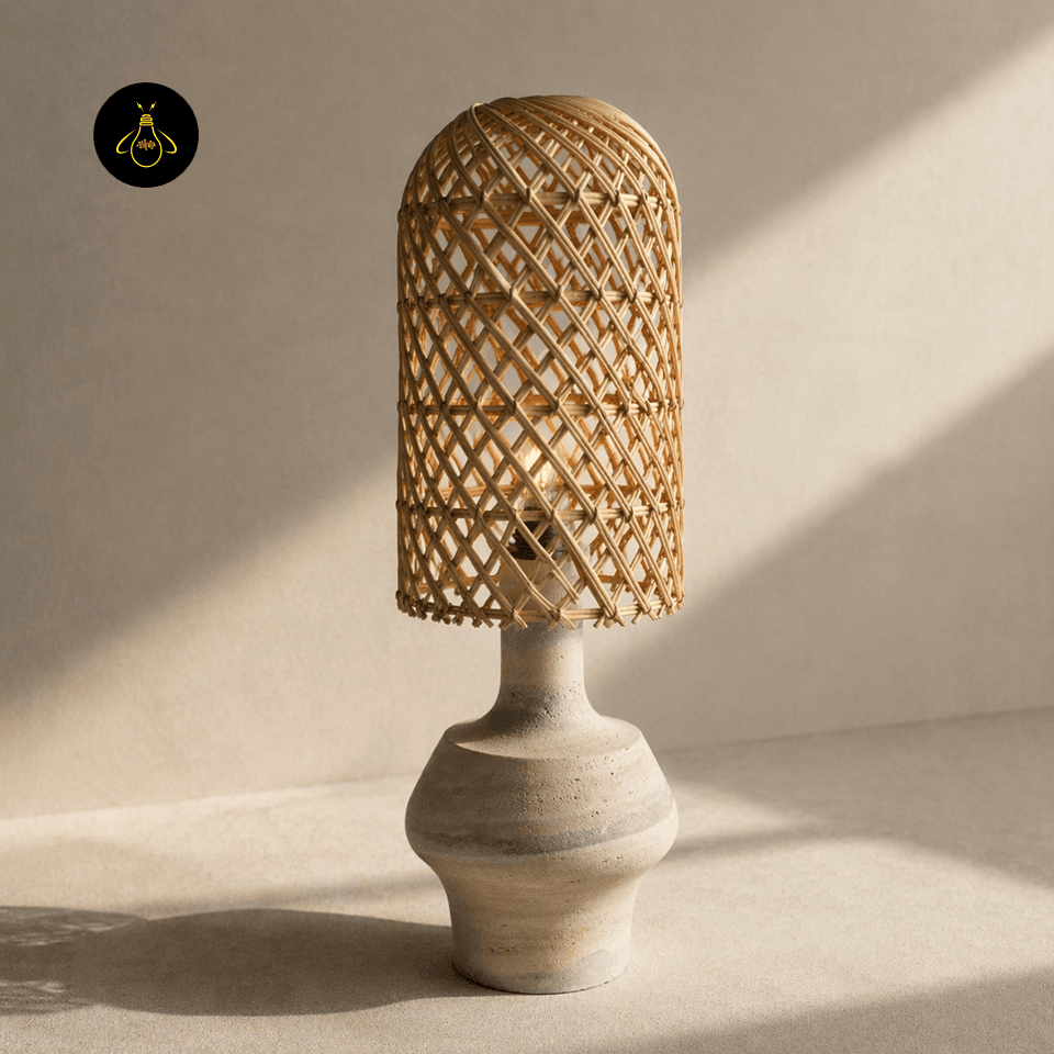 Rattan Table Lamp – Woven Shade Milos 105 cm Travertine Base 3 Angled view of the Milos rattan table lamp with woven shade and rounded travertine base