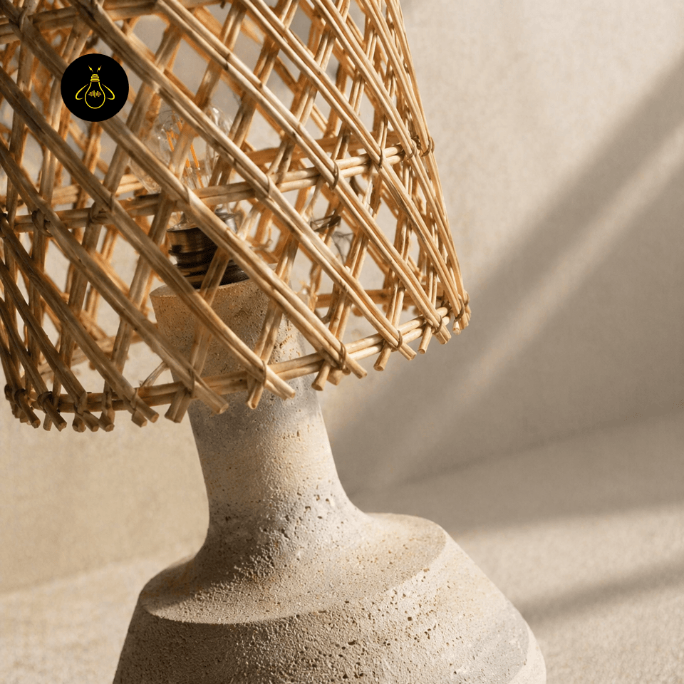 Rattan Table Lamp – Woven Shade Milos 105 cm Travertine Base 5 Close-up of the rattan table lamp showing the open woven cane lattice and travertine stone texture