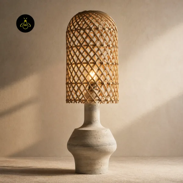 Rattan table lamp lit to show a warm glow and lattice shadow through the open woven shade