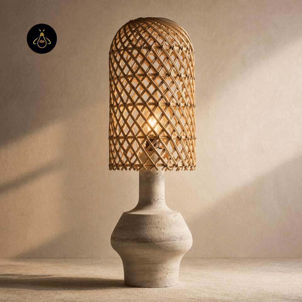 Rattan Table Lamp – Woven Shade Milos 105 cm Travertine Base 2 Rattan table lamp lit to show a warm glow and lattice shadow through the open woven shade