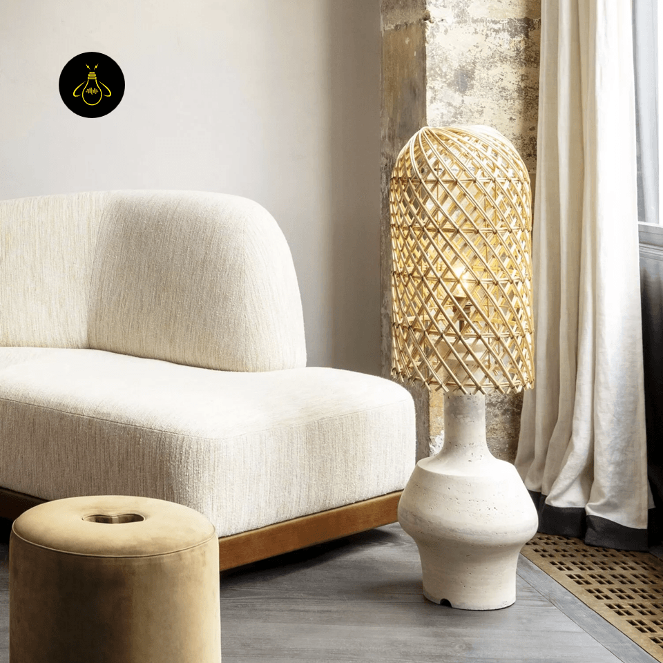 Rattan Table Lamp – Woven Shade Milos 105 cm Travertine Base 7 Rattan table lamp standing as a floor accent beside a low lounge chair in a warm living room