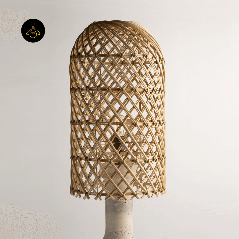 Rattan Table Lamp – Woven Shade Milos 105 cm Travertine Base 6 Domed woven rattan shade detail of the Milos table lamp