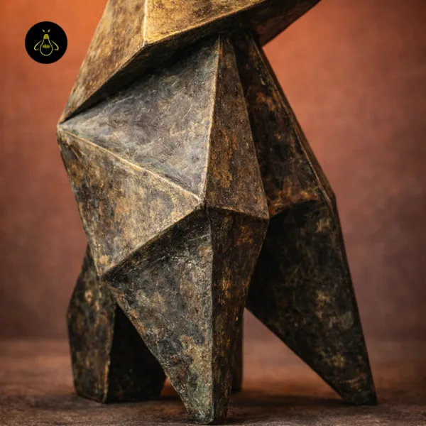 Close-up of geometric table lamp lower origami-folded wood base