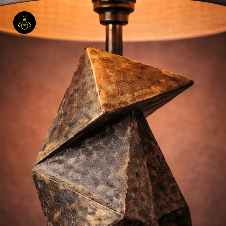Geometric Table Lamp – Origami Folded Wood Base, 54 cm 4 Close-up of geometric table lamp upper origami-folded wood facets