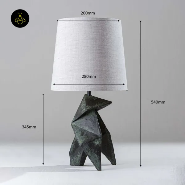 Geometric table lamp dimensions: 540 mm height, 345 mm origami wood base, 280 mm shade width