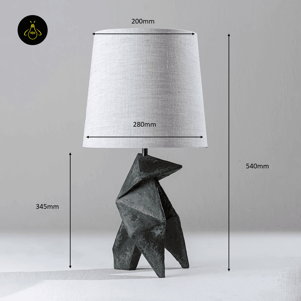 Geometric Table Lamp – Origami Folded Wood Base, 54 cm 2 Geometric table lamp dimensions: 540 mm height, 345 mm origami wood base, 280 mm shade width