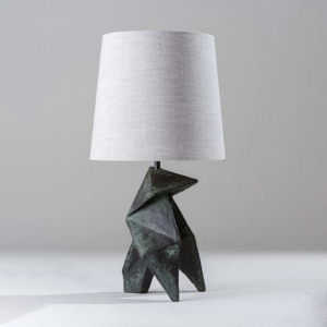 Origami wooden table lamp with linen shade in dark hand-finished finish