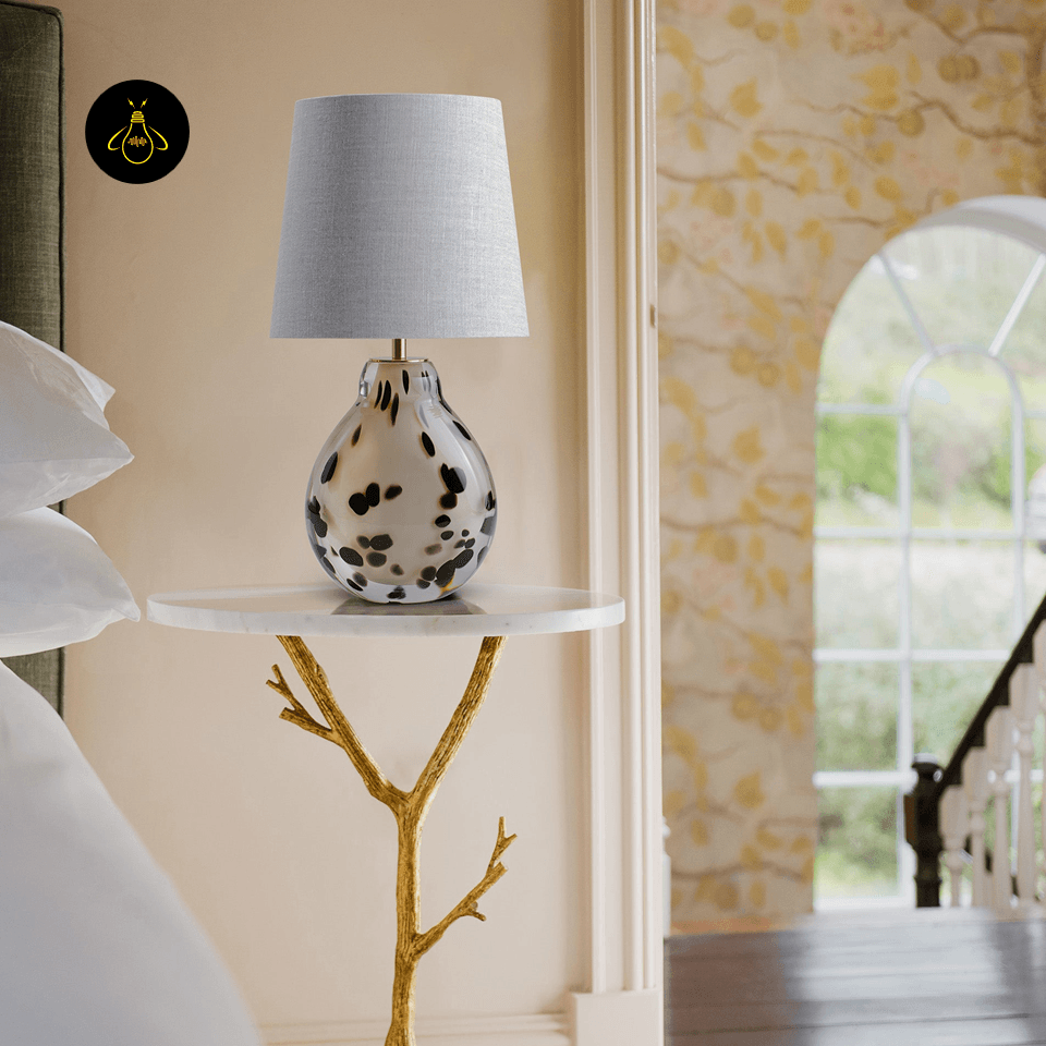 Glass Table Lamp – Handblown Spotted Ottie 50 cm Bedside Accent 5 Glass table lamp styled on a marble bedside table in a calm bedroom