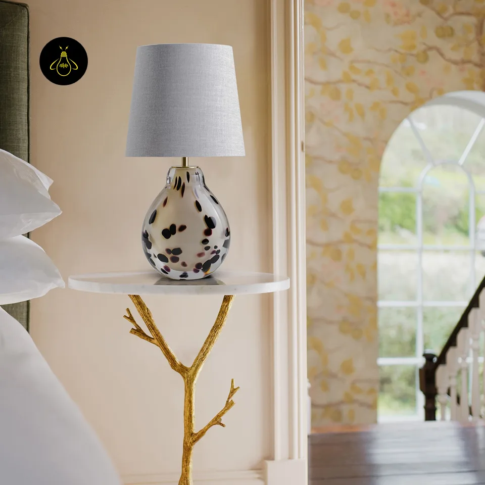 Glass Table Lamp – Handblown Spotted Ottie 50 cm Bedside Accent 5 Glass table lamp styled on a marble bedside table in a calm bedroom