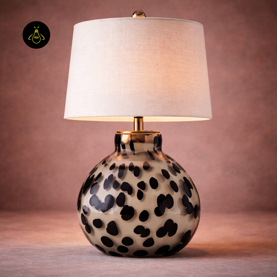 Glass Table Lamp – Handblown Spotted Ottie 50 cm Bedside Accent 7 Glass table lamp lit to show a warm ambient glow through the grey linen shade