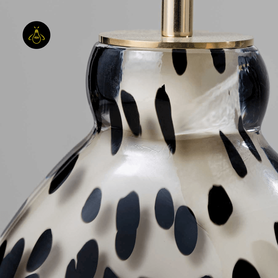Glass Table Lamp – Handblown Spotted Ottie 50 cm Bedside Accent 6 Brass collar and neck detail of the Ottie spotted glass table lamp
