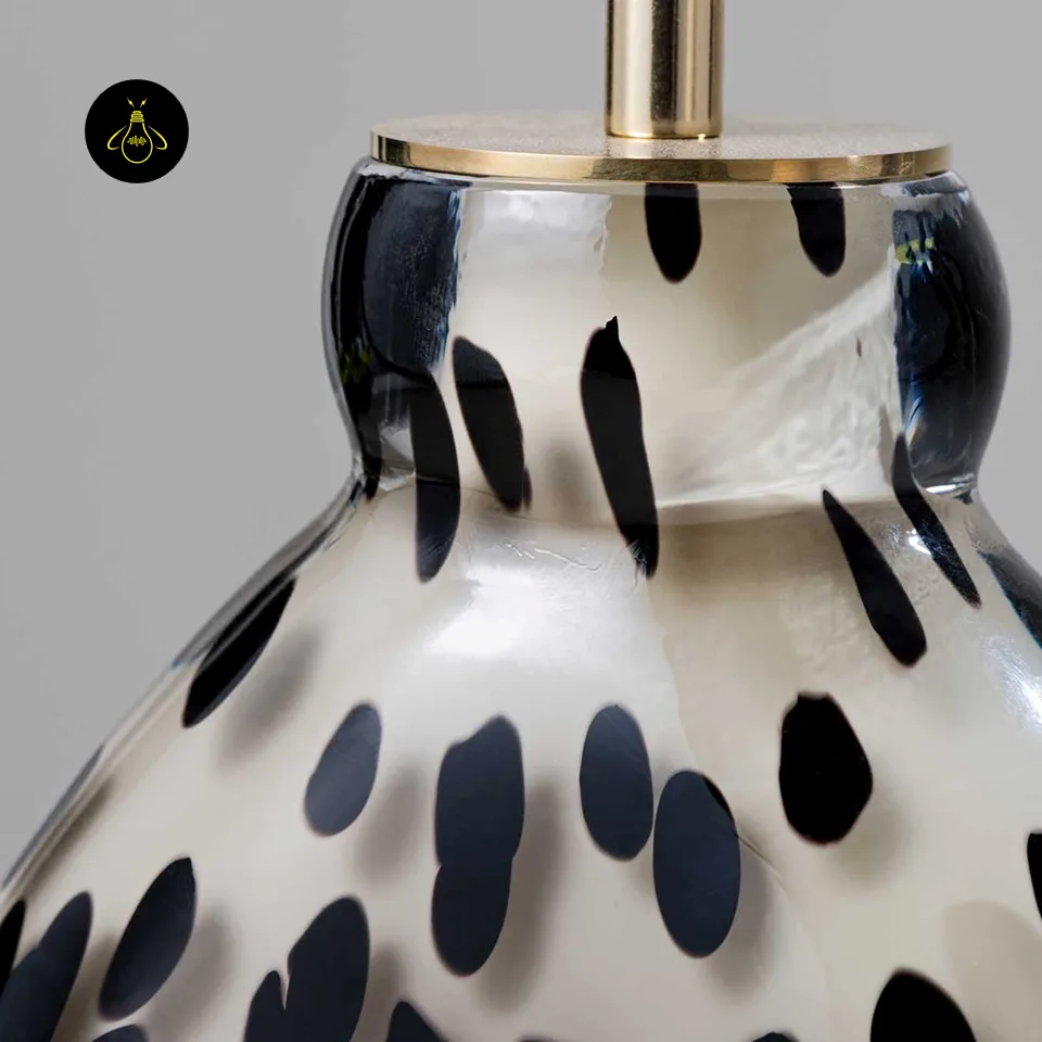 Glass Table Lamp – Handblown Spotted Ottie 50 cm Bedside Accent 6 Brass collar and neck detail of the Ottie spotted glass table lamp