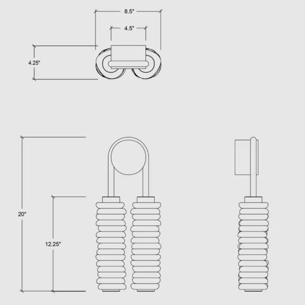 Stacked alabaster wall light dimension drawing: 20 in high, 8.5 in wide, 4.25 in deep, 12.25 in column drop, 4.5 in backplate