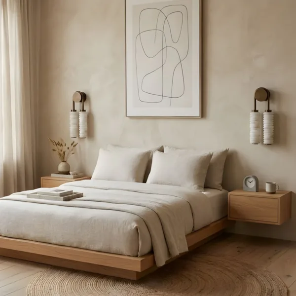 A pair of stacked alabaster wall lights either side of a linen bed as bedside wall lights in a calm bedroom