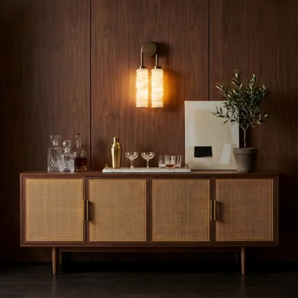 Stacked alabaster wall light glowing warm on a walnut-panelled wall above a cane-front sideboard