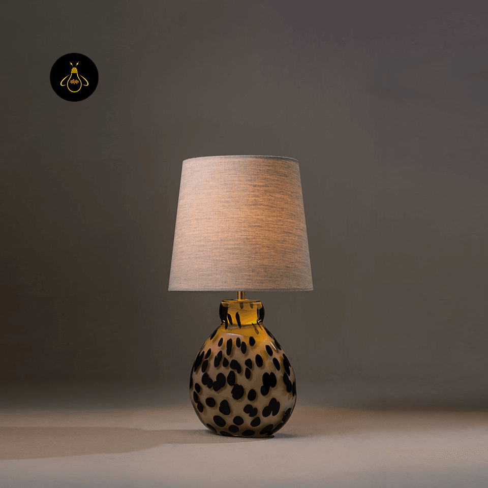 Glass Table Lamp – Handblown Spotted Ottie 50 cm Bedside Accent 2 Glass table lamp with spotted handblown body and tapered linen shade for a bedroom side table