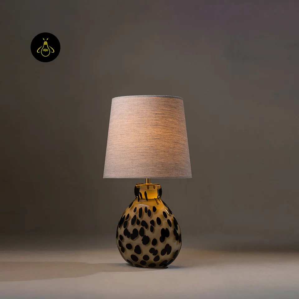 Glass Table Lamp – Handblown Spotted Ottie 50 cm Bedside Accent 2 Glass table lamp with spotted handblown body and tapered linen shade for a bedroom side table