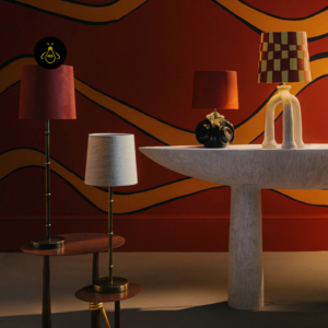 Mini table lamp styled on a side table in a colourful interior