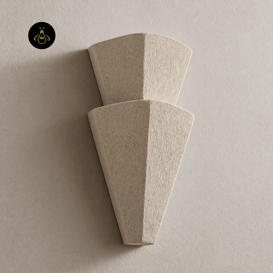 Decorative Wall Light – Textured Tiered Torch Sconce, 44 cm 3 Textured tiered torch wall sconce front view showing the stacked sandstone-finish form