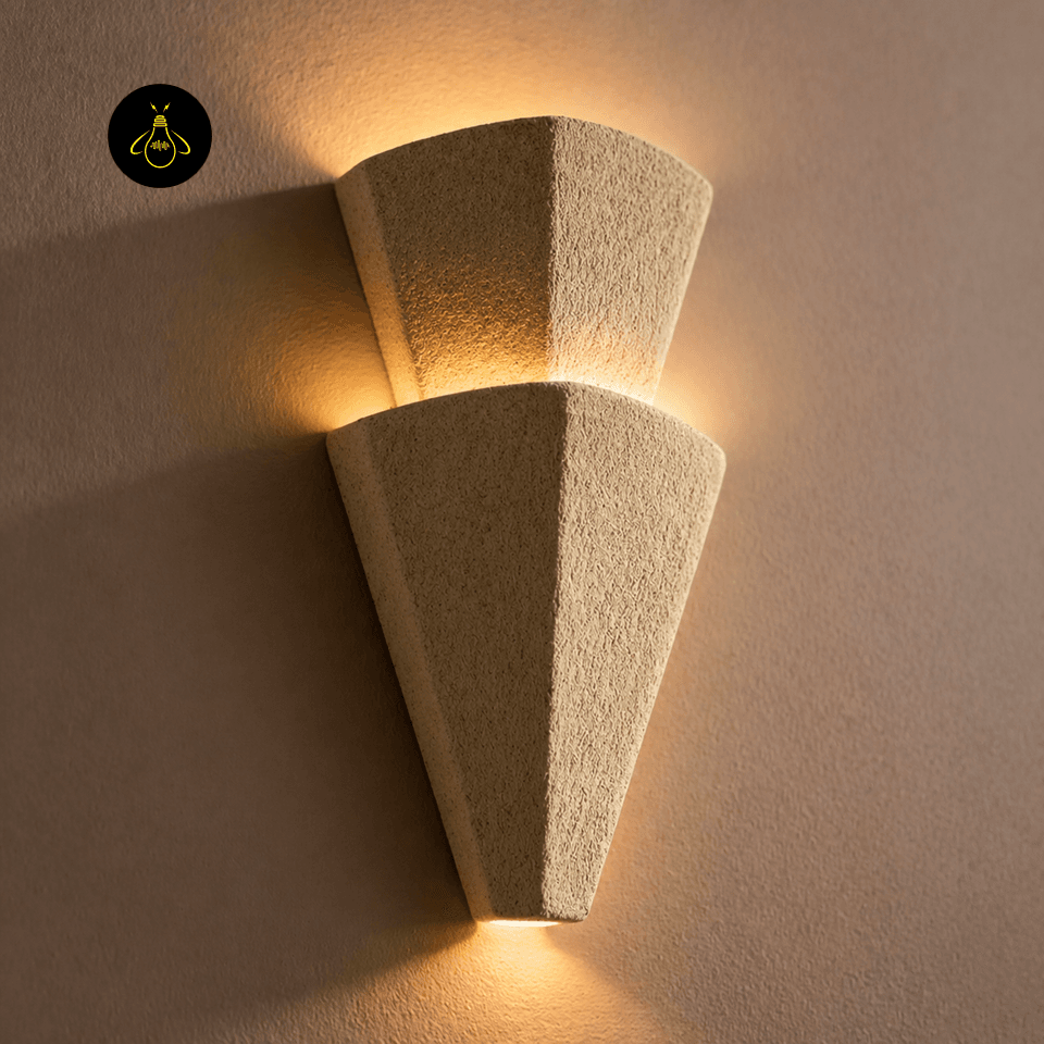 Decorative Wall Light – Textured Tiered Torch Sconce, 44 cm 6 Decorative wall light mounted and lit, casting a warm up-and-down glow on a hallway wall