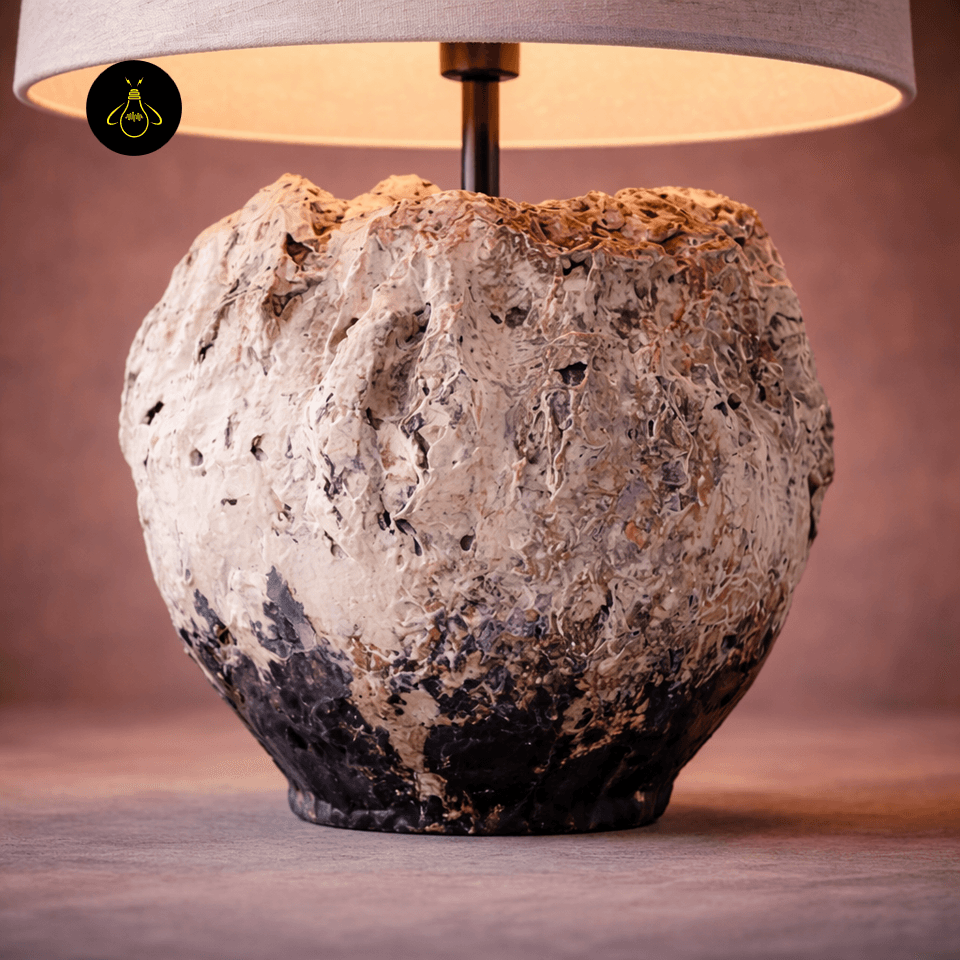 Wabi Sabi Table Lamp – Vela Sculptural Textured 55 cm 5 Close-up of the textured weathered ivory and charcoal table lamp vessel base