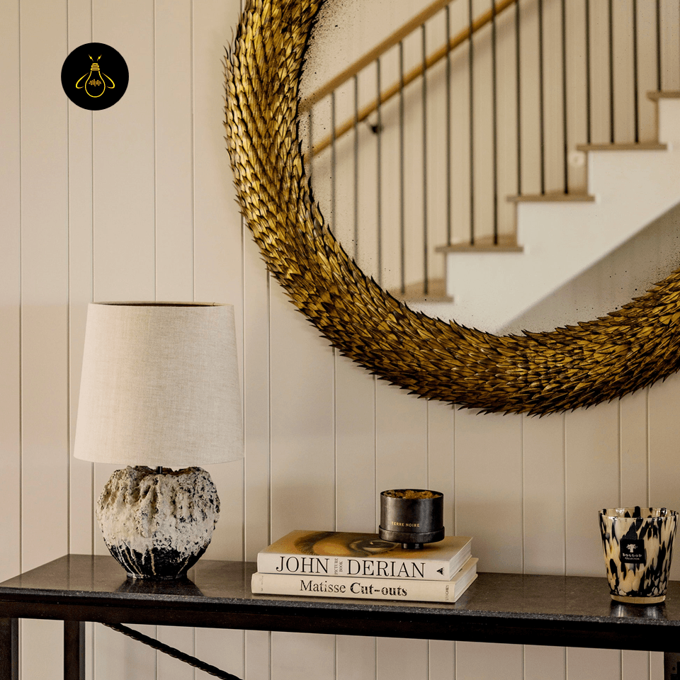Wabi Sabi Table Lamp – Vela Sculptural Textured 55 cm 9 Wabi sabi table lamp styled beneath a round mirror on a console table
