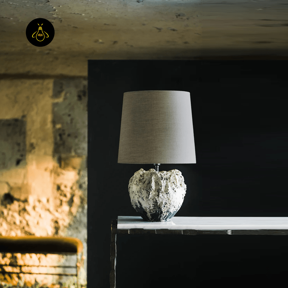 Wabi Sabi Table Lamp – Vela Sculptural Textured 55 cm 7 Wabi sabi table lamp styled on a console in a warm, moody interior