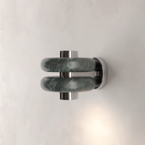 Modern wall light with green alabaster bands and polished metal frame on a neutral wall