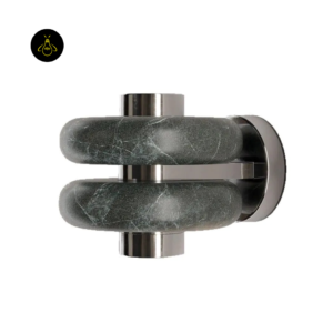 Modern wall light studio view with green alabaster rings and polished metal cylinders