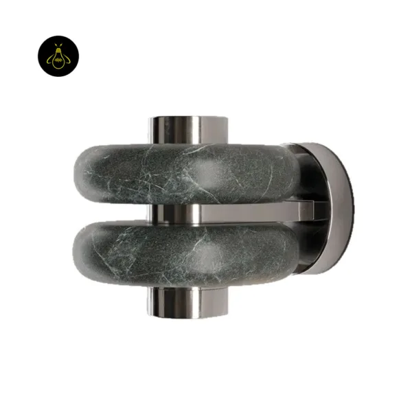 Green marble wall light studio view: twin rounded marble bands between polished stainless steel cylinders on a round backplate