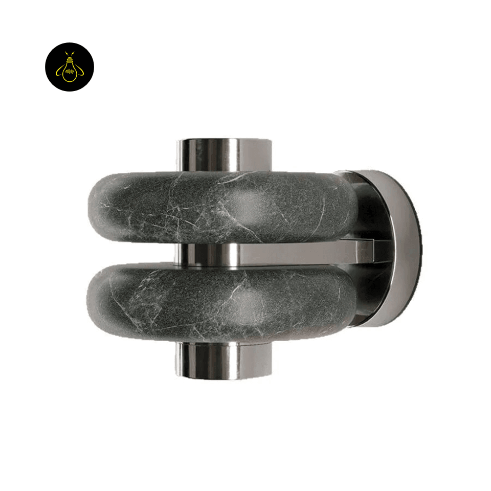 Green Marble Wall Light – Compact 16 cm Twin-Band | Verde Duo 6 Green marble wall light studio view with stacked marble bands and polished metal cylinders