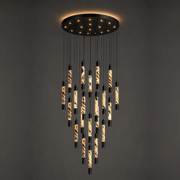 22-light round alabaster cascade chandelier, a spiral of twisted alabaster tubes on a round black canopy