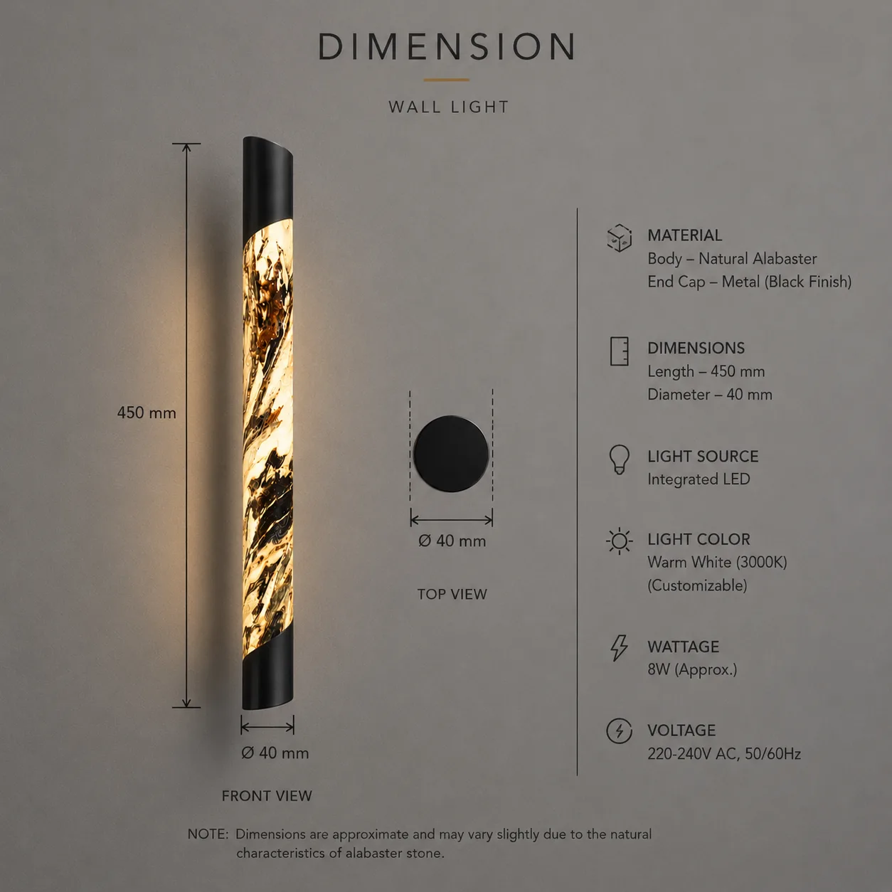 Black Alabaster Double Tube Wall Light 550 mm | Jagmag Lights 8 Black alabaster wall light spec sheet showing natural alabaster body, black metal end caps and integrated LED – Jagmag Lights