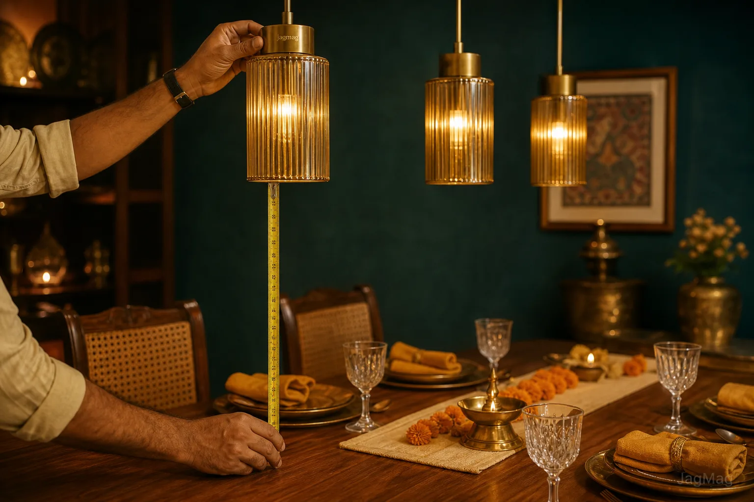 Measuring the hanging height of pendant lights for dining room — tape from tabletop to brass pendant rim
