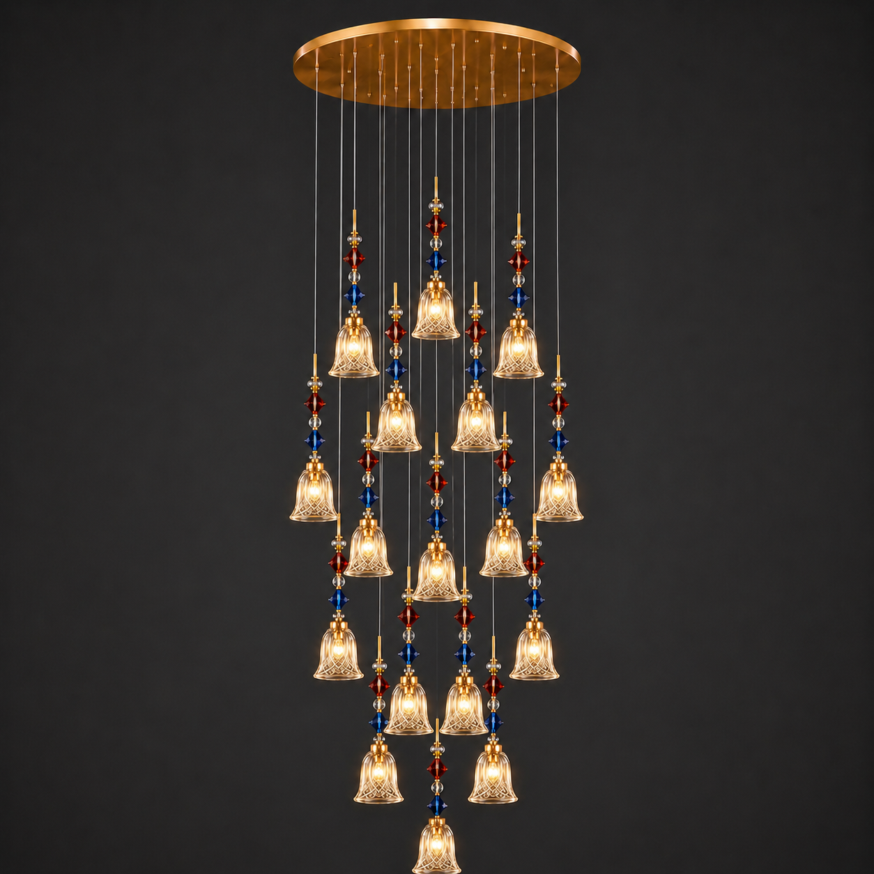 Crystal foyer chandelier with 18 K9 glass bell pendants and coloured crystal beads — JagMag Lights JML-408
