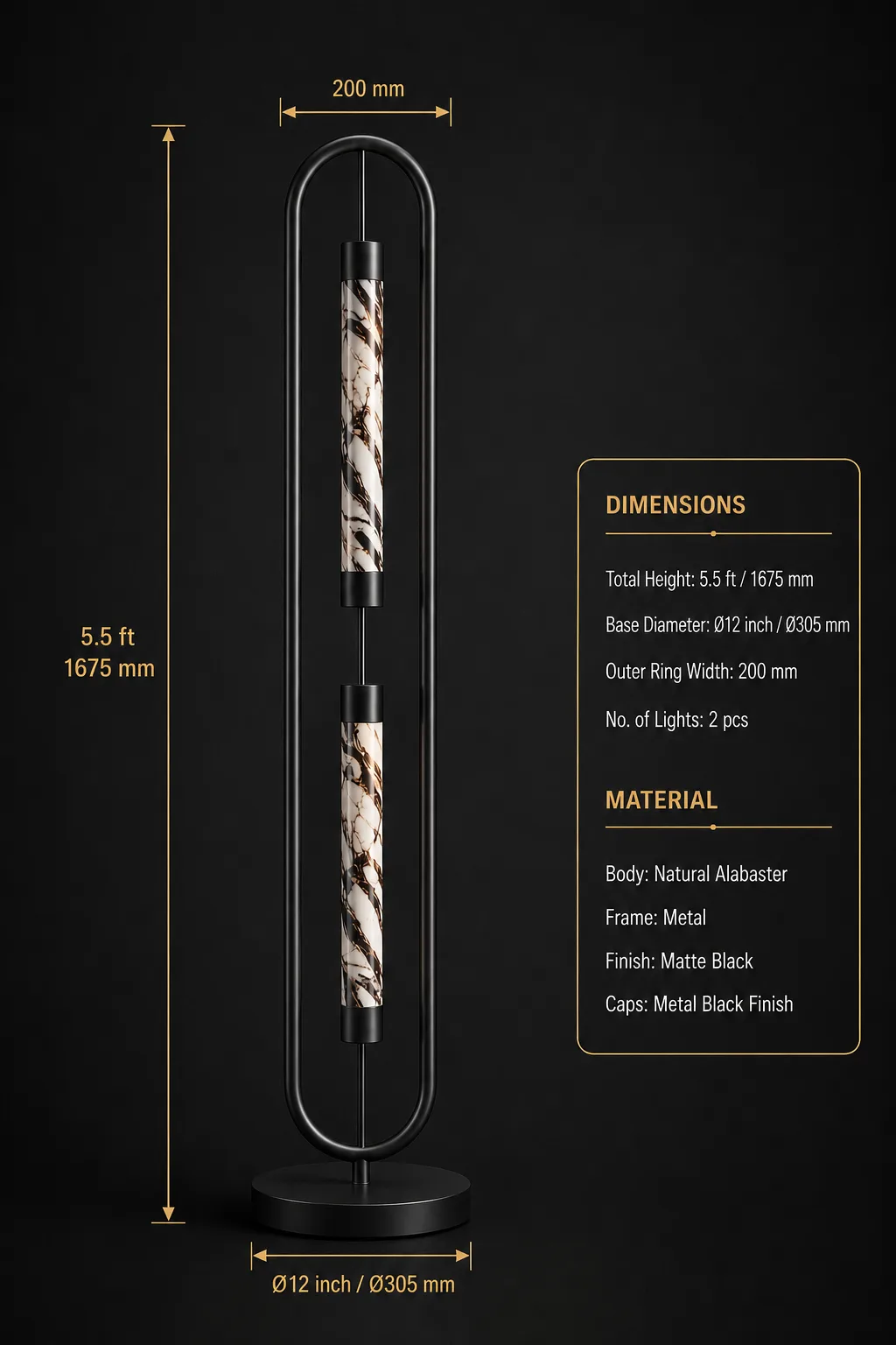 Alabaster Oval Frame Floor Lamp – 2-Light Natural Stone Tower 8 Alabaster oval frame floor lamp dimensions — 1675 mm total height 305 mm base JML-407